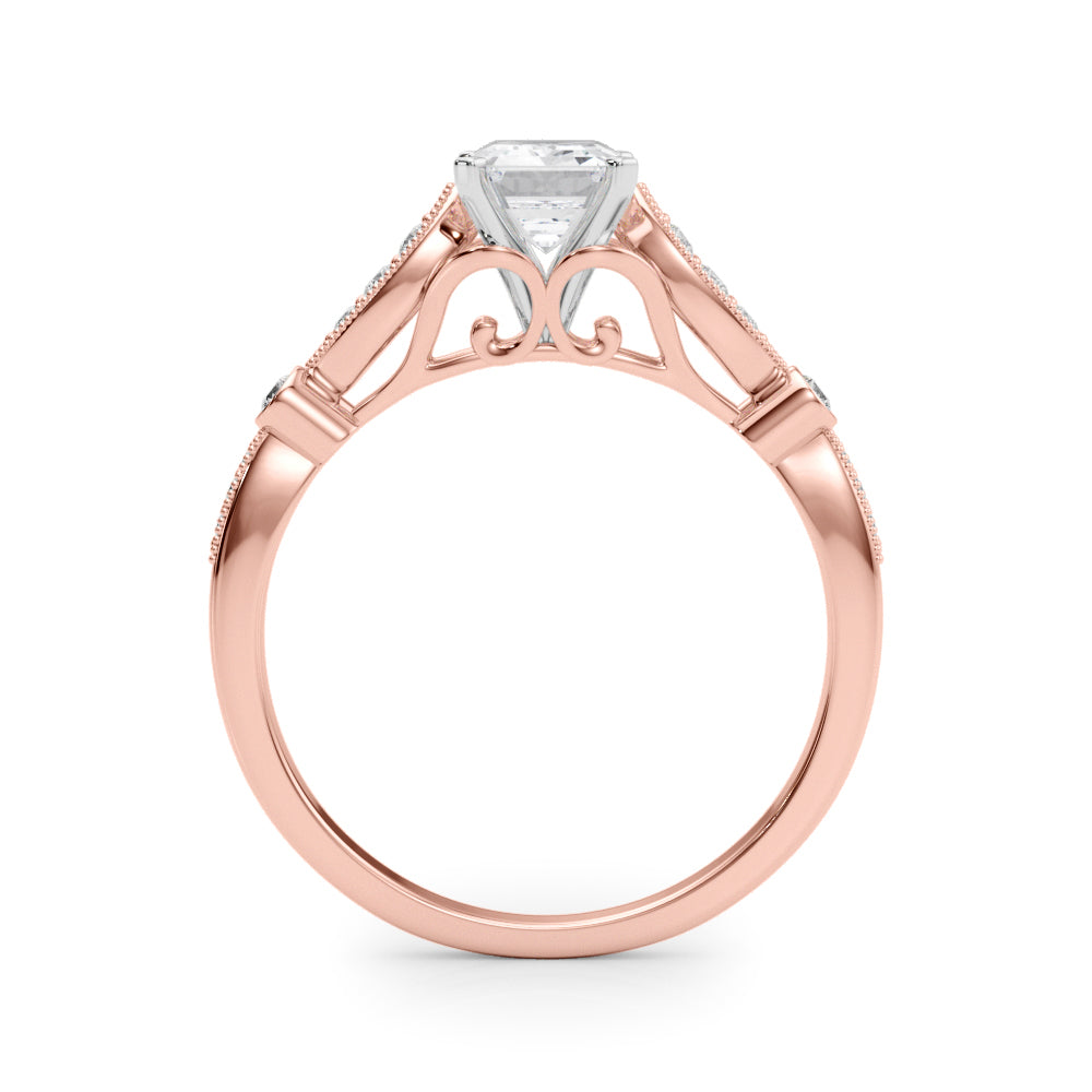 Rose gold Emerald Cut Diamond with Milgrain Marquise and Bezel Accents on a Solitaire Band with Prong Setting