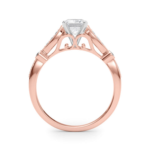 Rose gold Emerald Cut Diamond with Milgrain Marquise and Bezel Accents on a Solitaire Band with Prong Setting