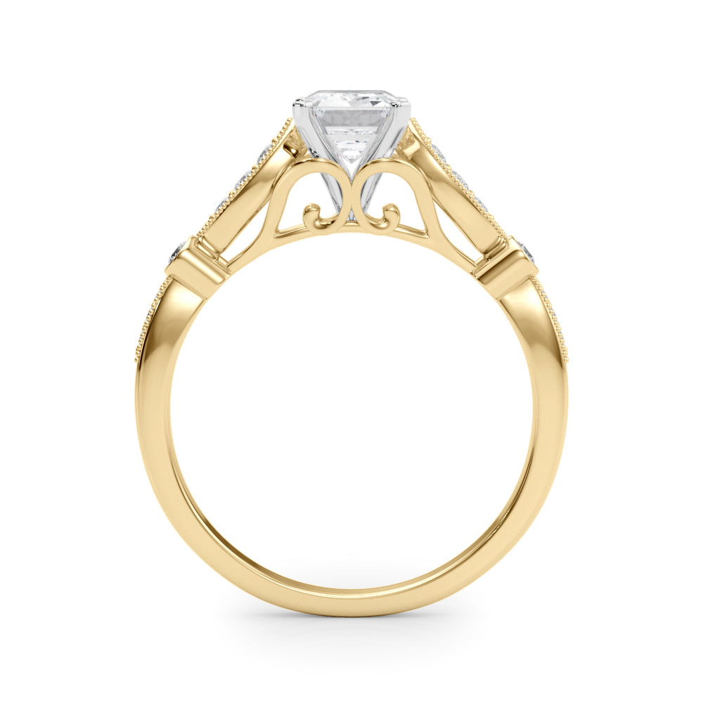 Yellow gold Emerald Cut Diamond with Milgrain Marquise and Bezel Accents on a Solitaire Band with Prong Setting