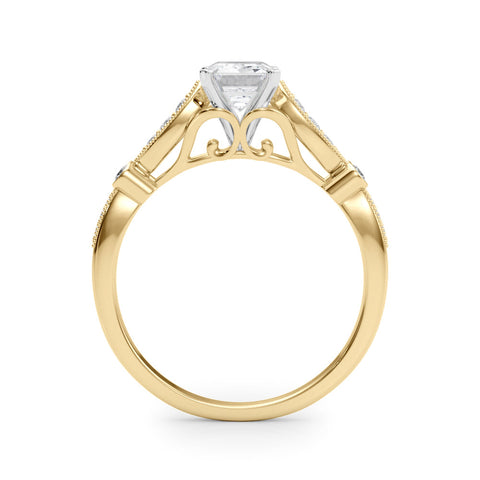 Yellow gold Emerald Cut Diamond with Milgrain Marquise and Bezel Accents on a Solitaire Band with Prong Setting