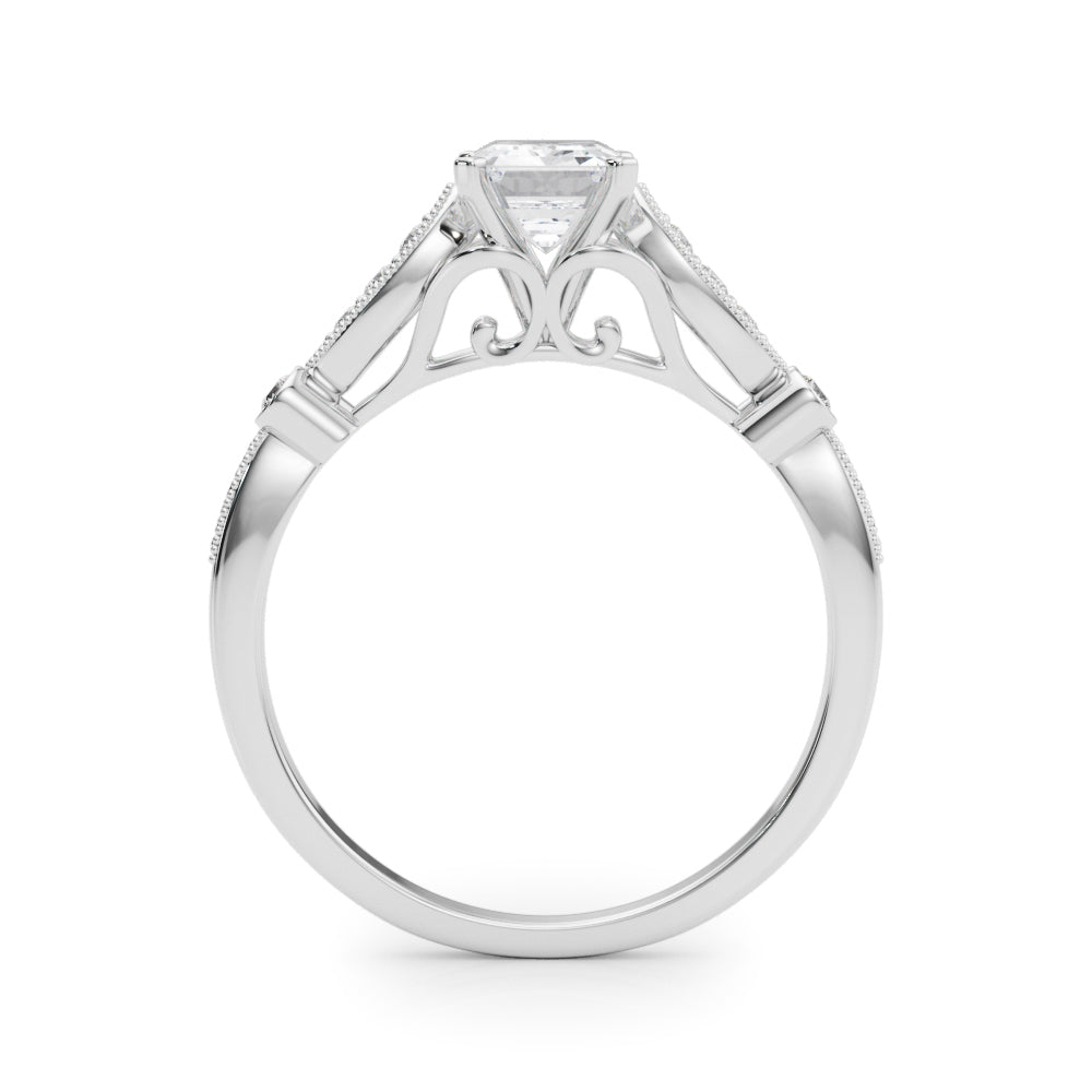 Silver Radiant Cut Diamond with Milgrain Marquise and Bezel Accents on a Solitaire Band with Prong Setting