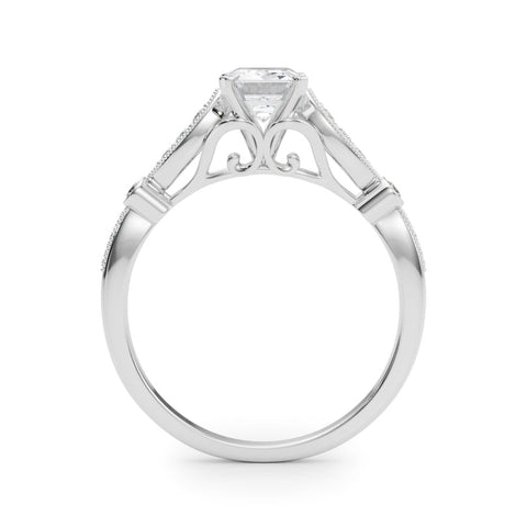 White gold Radiant Cut Diamond with Milgrain Marquise and Bezel Accents on a Solitaire Band with Prong Setting