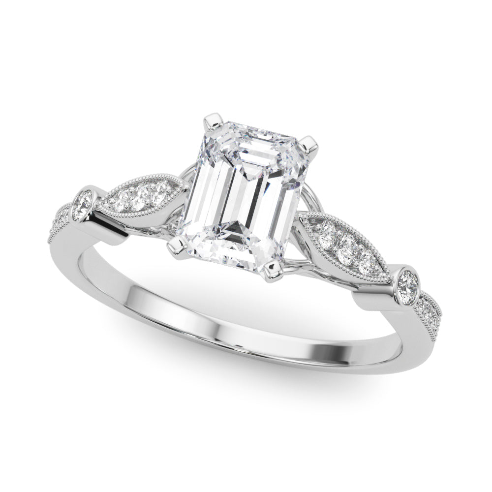 Platinum Emerald Cut Diamond with Milgrain Marquise and Bezel Accents on a Solitaire Band with Prong Setting