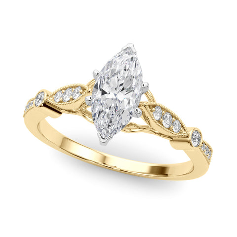 Yellow gold Marquise Cut Diamond with Milgrain Marquise and Bezel Accents on a Solitaire Band with Prong Setting
