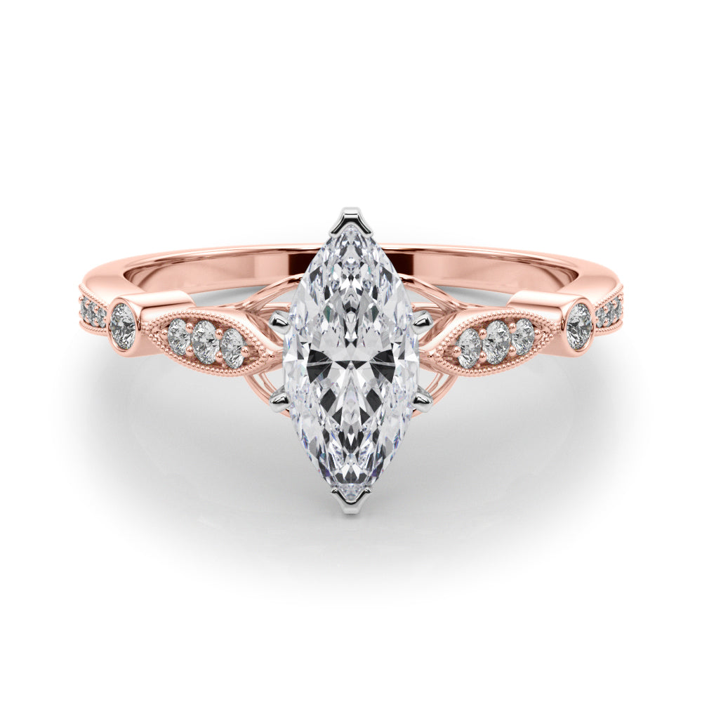 Rose gold Marquise Cut Diamond with Milgrain Marquise and Bezel Accents on a Solitaire Band with Prong Setting