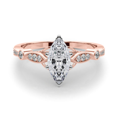 Rose gold Marquise Cut Diamond with Milgrain Marquise and Bezel Accents on a Solitaire Band with Prong Setting