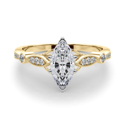 Yellow gold Marquise Cut Diamond with Milgrain Marquise and Bezel Accents on a Solitaire Band with Prong Setting