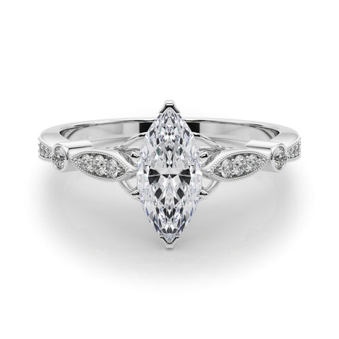 Silver Marquise Cut Diamond with Milgrain Marquise and Bezel Accents on a Solitaire Band with Prong Setting