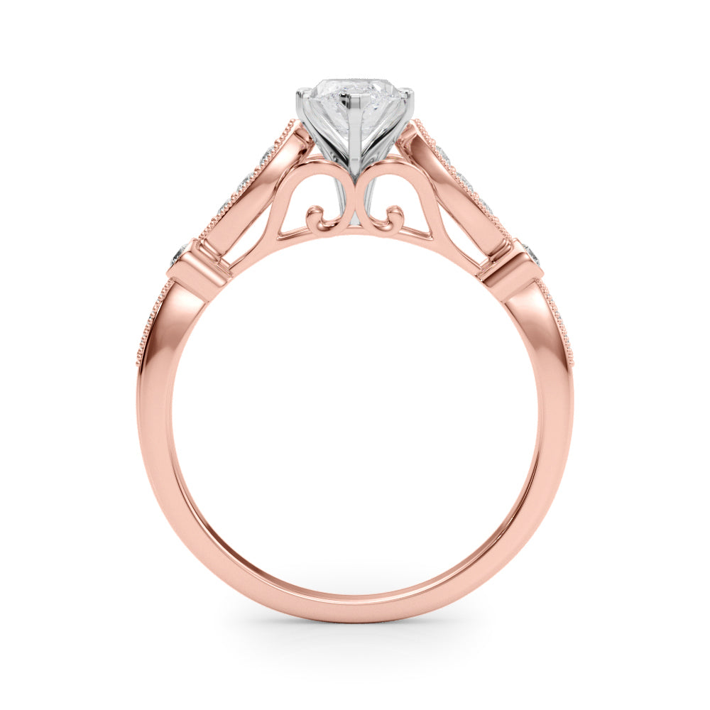 Rose gold Marquise Cut Diamond with Milgrain Marquise and Bezel Accents on a Solitaire Band with Prong Setting