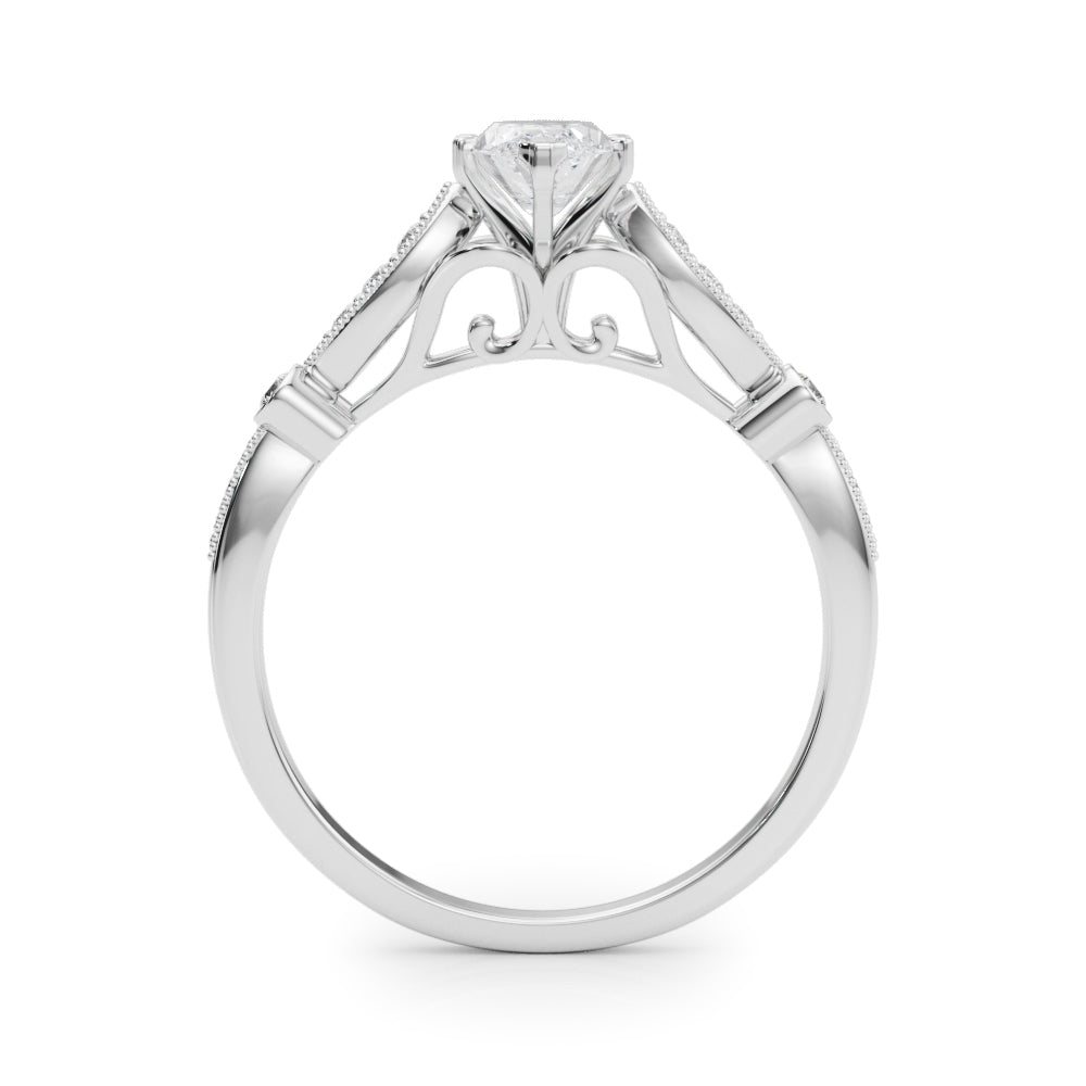 Silver Marquise Cut Diamond with Milgrain Marquise and Bezel Accents on a Solitaire Band with Prong Setting