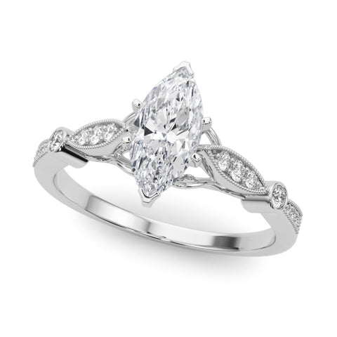 Platinum Marquise Cut Diamond with Milgrain Marquise and Bezel Accents on a Solitaire Band with Prong Setting