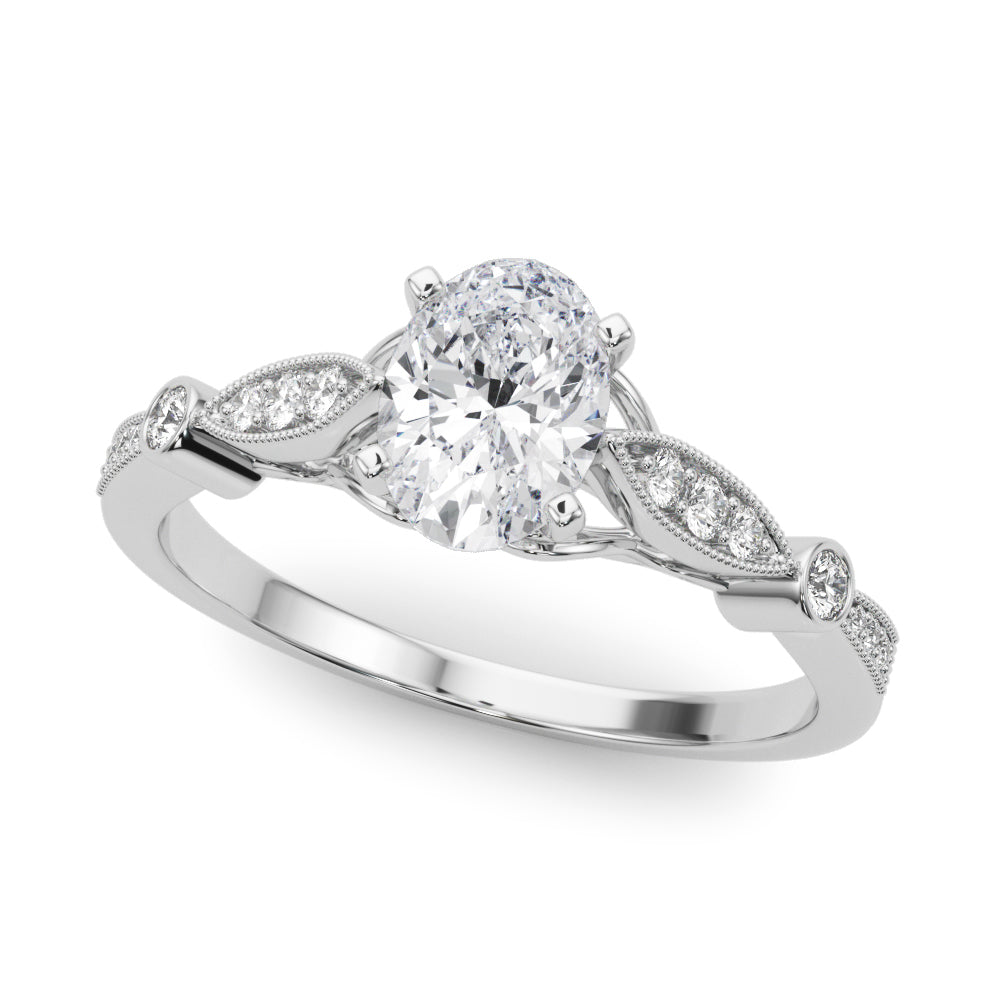 White gold Oval Cut Diamond with Milgrain Marquise and Bezel Accents on a Solitaire Band with Prong Setting