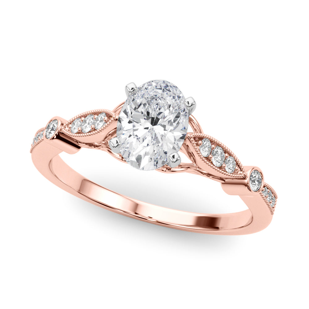 Rose gold Oval Cut Diamond with Milgrain Marquise and Bezel Accents on a Solitaire Band with Prong Setting