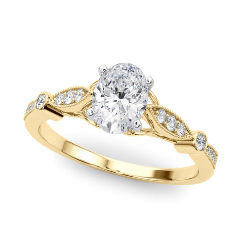 Yellow gold Oval Cut Diamond with Milgrain Marquise and Bezel Accents on a Solitaire Band with Prong Setting