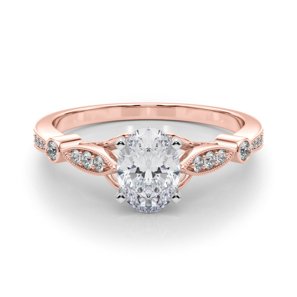Rose gold Oval Cut Diamond with Milgrain Marquise and Bezel Accents on a Solitaire Band with Prong Setting