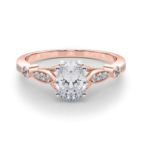 Rose gold Oval Cut Diamond with Milgrain Marquise and Bezel Accents on a Solitaire Band with Prong Setting