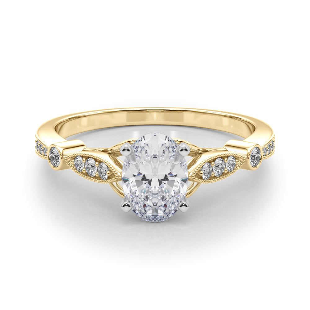 Yellow gold Oval Cut Diamond with Milgrain Marquise and Bezel Accents on a Solitaire Band with Prong Setting