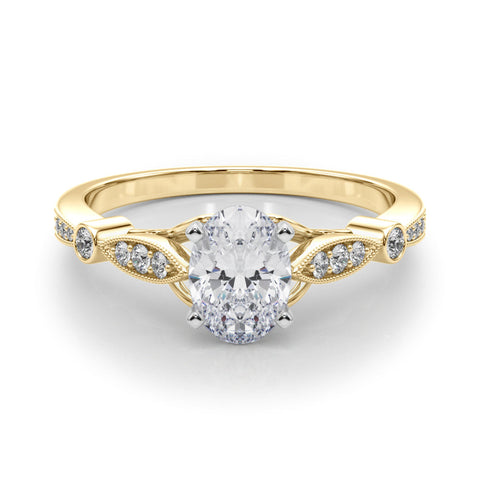 Yellow gold Oval Cut Diamond with Milgrain Marquise and Bezel Accents on a Solitaire Band with Prong Setting