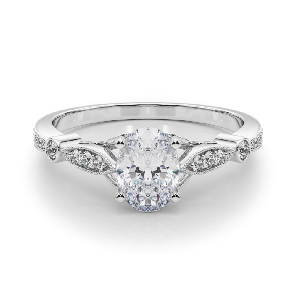 White gold Oval Cut Diamond with Milgrain Marquise and Bezel Accents on a Solitaire Band with Prong Setting