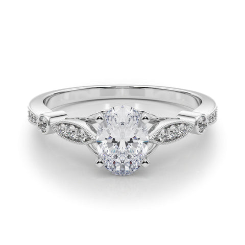 White gold Oval Cut Diamond with Milgrain Marquise and Bezel Accents on a Solitaire Band with Prong Setting
