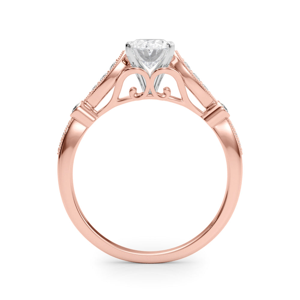 Rose gold Oval Cut Diamond with Milgrain Marquise and Bezel Accents on a Solitaire Band with Prong Setting