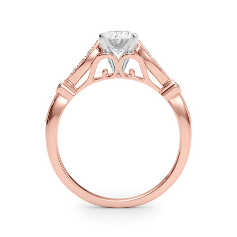 Rose gold Oval Cut Diamond with Milgrain Marquise and Bezel Accents on a Solitaire Band with Prong Setting
