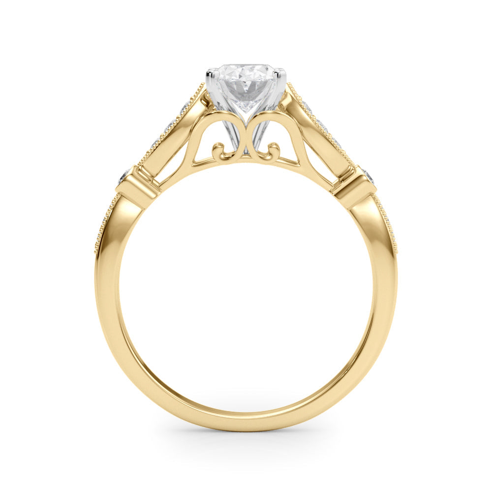 Yellow gold Oval Cut Diamond with Milgrain Marquise and Bezel Accents on a Solitaire Band with Prong Setting