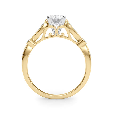 Yellow gold Oval Cut Diamond with Milgrain Marquise and Bezel Accents on a Solitaire Band with Prong Setting