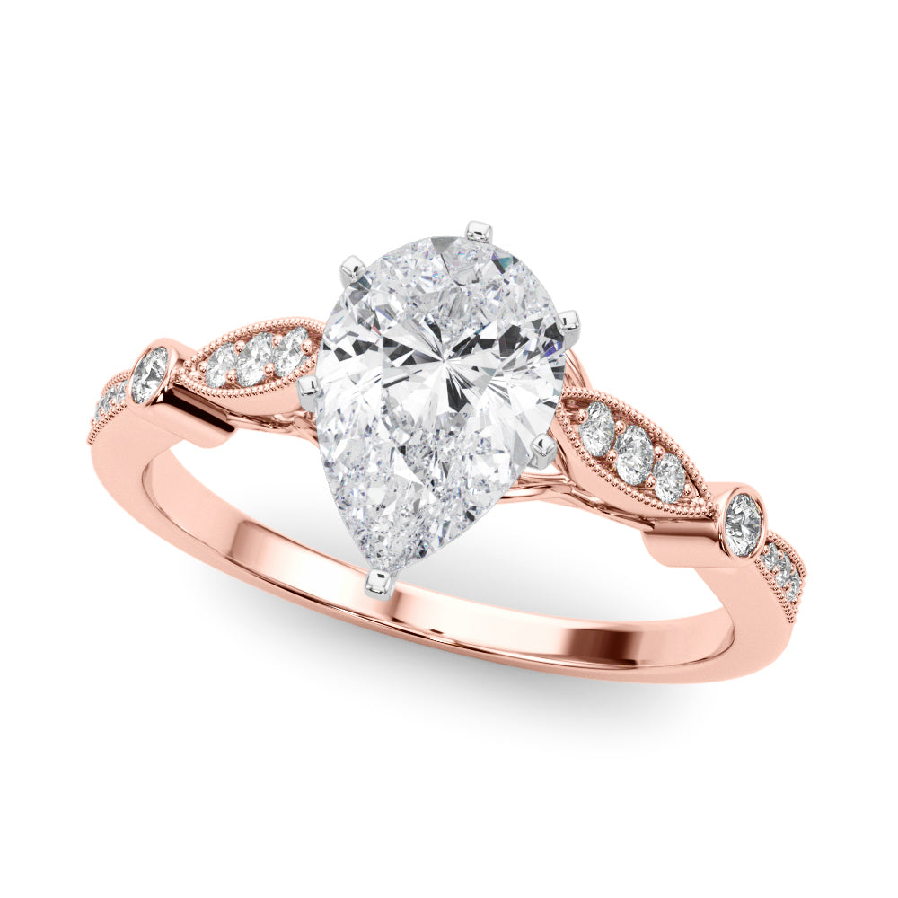 Rose gold Pear Cut Diamond with Milgrain Marquise and Bezel Accents on a Solitaire Band with Prong Setting