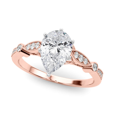 Rose gold Pear Cut Diamond with Milgrain Marquise and Bezel Accents on a Solitaire Band with Prong Setting