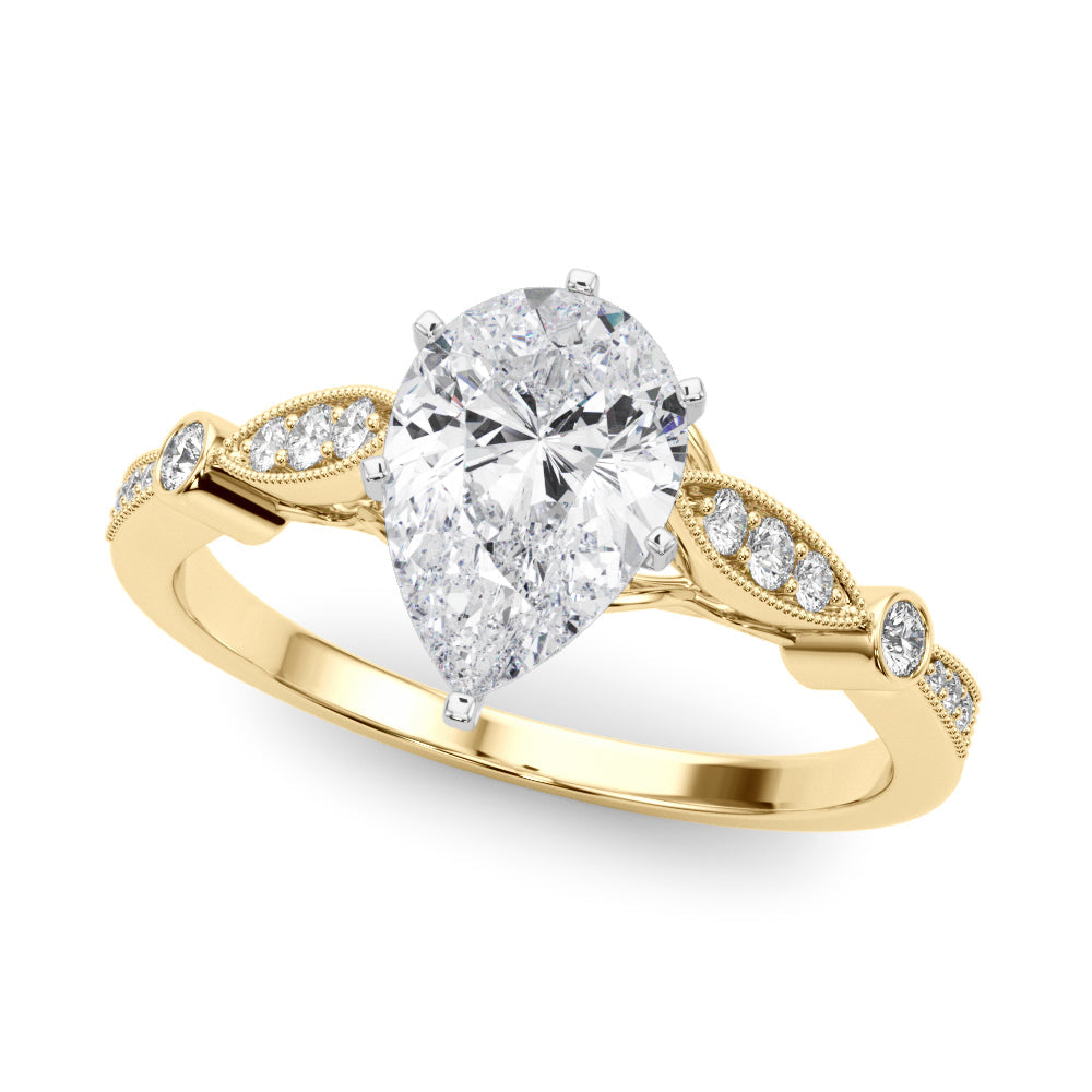 Yellow gold Pear Cut Diamond with Milgrain Marquise and Bezel Accents on a Solitaire Band with Prong Setting