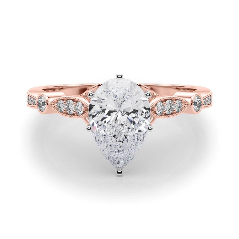 Rose gold Pear Cut Diamond with Milgrain Marquise and Bezel Accents on a Solitaire Band with Prong Setting
