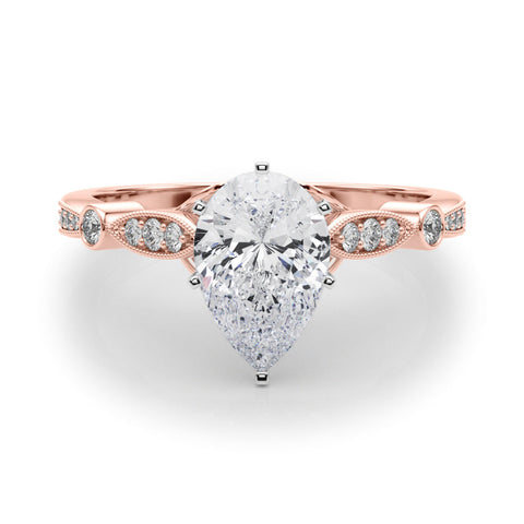 Rose gold Pear Cut Diamond with Milgrain Marquise and Bezel Accents on a Solitaire Band with Prong Setting