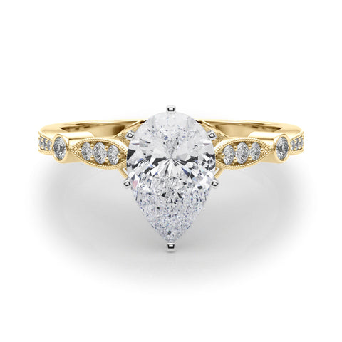 Yellow gold Pear Cut Diamond with Milgrain Marquise and Bezel Accents on a Solitaire Band with Prong Setting