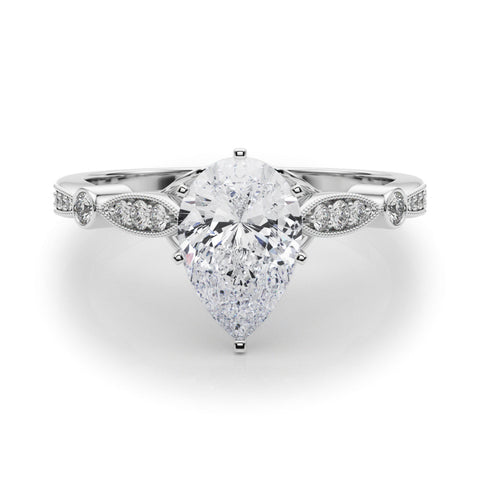 White gold Pear Cut Diamond with Milgrain Marquise and Bezel Accents on a Solitaire Band with Prong Setting