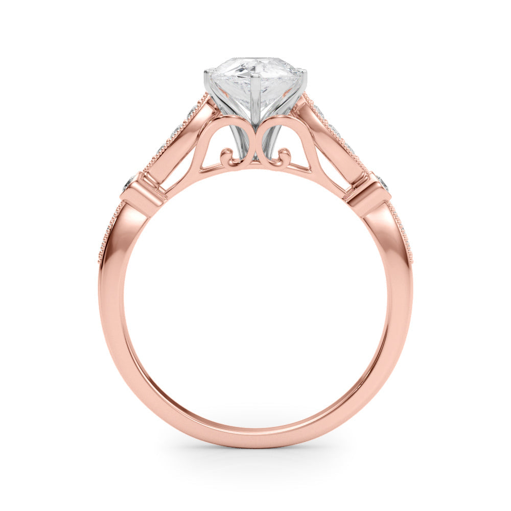 Rose gold Pear Cut Diamond with Milgrain Marquise and Bezel Accents on a Solitaire Band with Prong Setting
