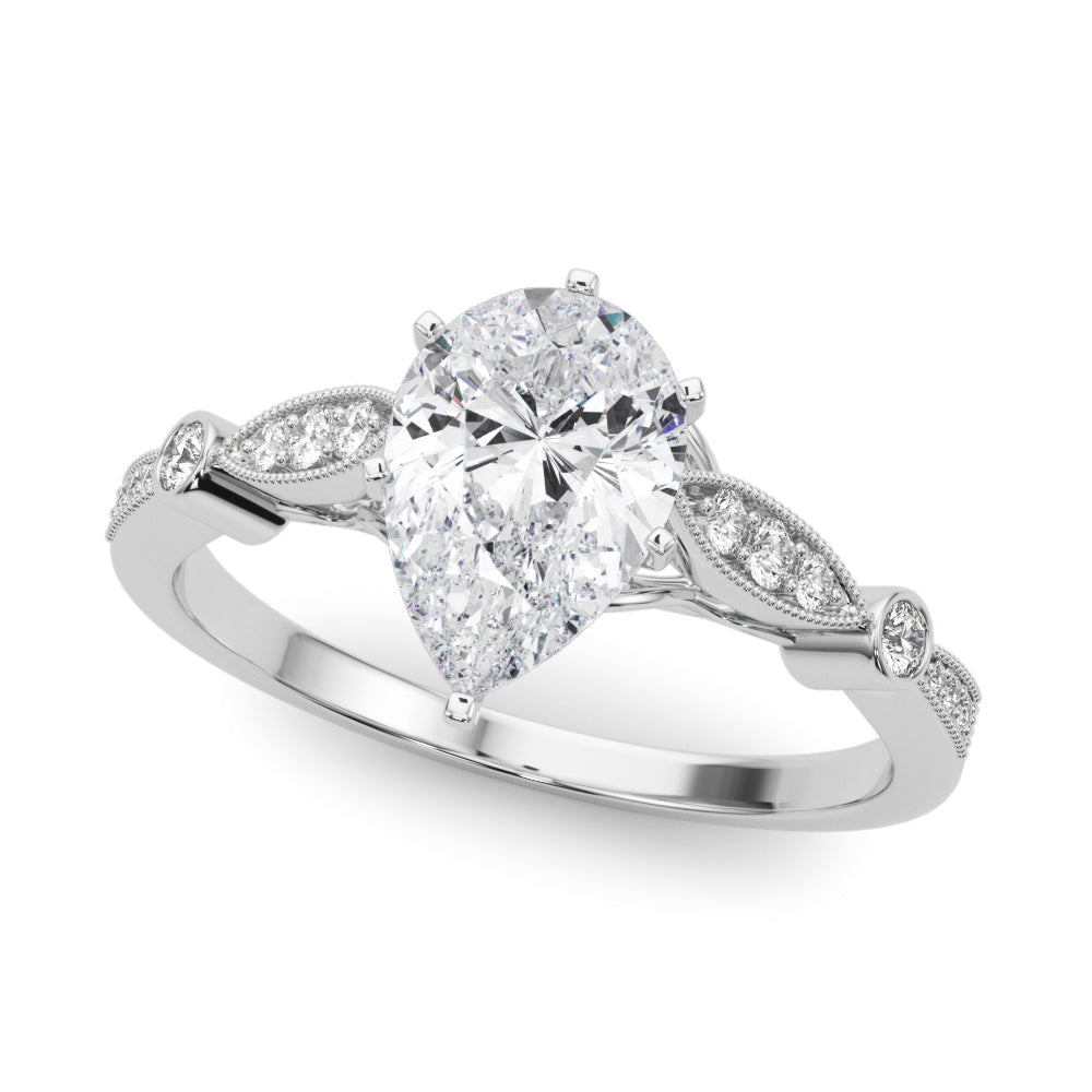 Platinum Pear Cut Diamond with Milgrain Marquise and Bezel Accents on a Solitaire Band with Prong Setting