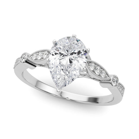 Platinum Pear Cut Diamond with Milgrain Marquise and Bezel Accents on a Solitaire Band with Prong Setting