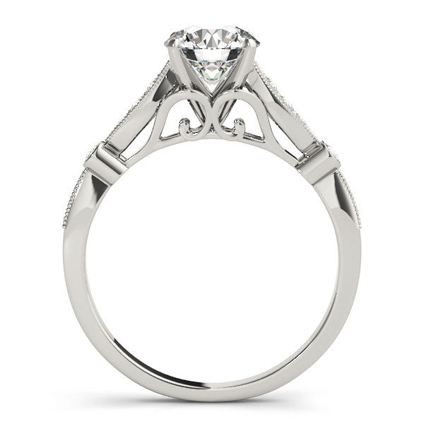 Silver Round Cut Diamond with Milgrain Marquise and Bezel Accents on a Solitaire Band with Prong Setting