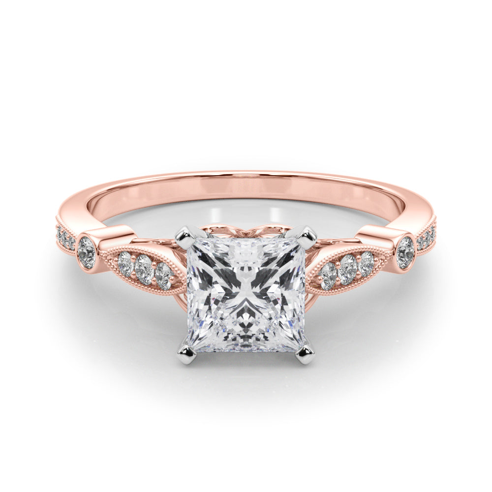 Rose gold Princess Cut Diamond with Milgrain Marquise and Bezel Accents on a Solitaire Band with Prong Setting