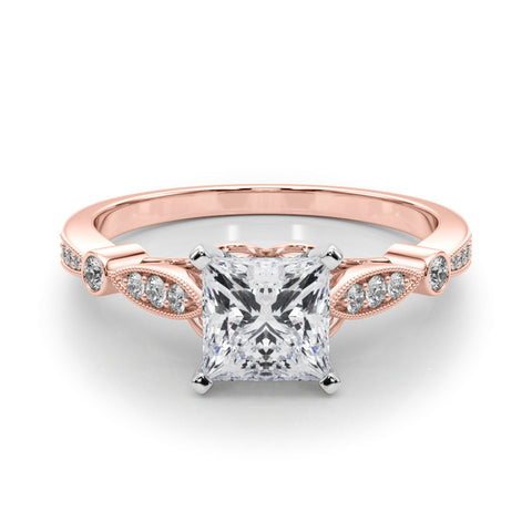 Rose gold Princess Cut Diamond with Milgrain Marquise and Bezel Accents on a Solitaire Band with Prong Setting