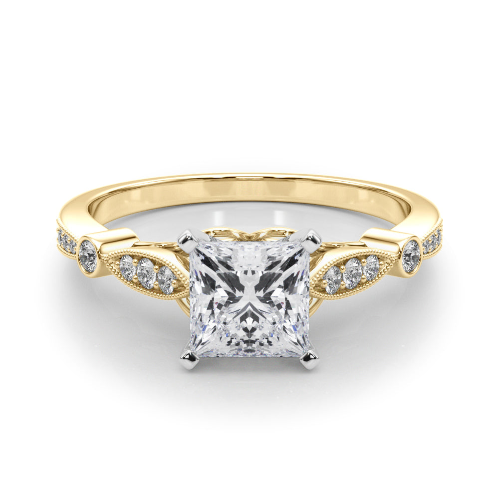 Yellow gold Princess Cut Diamond with Milgrain Marquise and Bezel Accents on a Solitaire Band with Prong Setting
