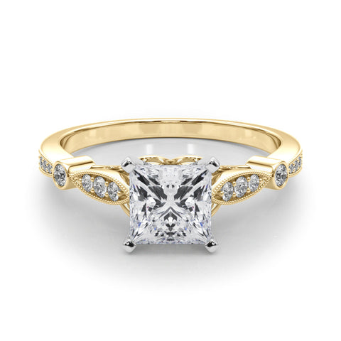Yellow gold Princess Cut Diamond with Milgrain Marquise and Bezel Accents on a Solitaire Band with Prong Setting