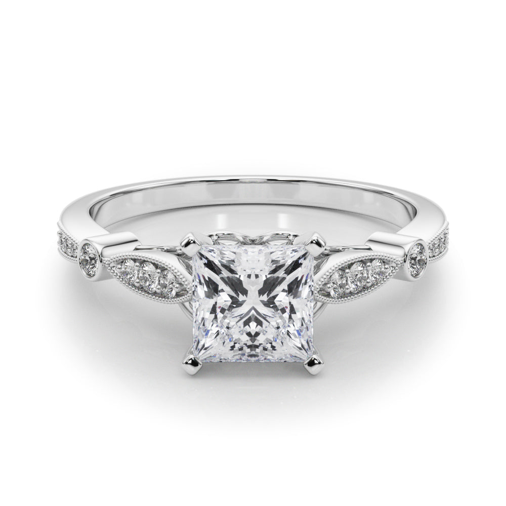Silver Princess Cut Diamond with Milgrain Marquise and Bezel Accents on a Solitaire Band with Prong Setting