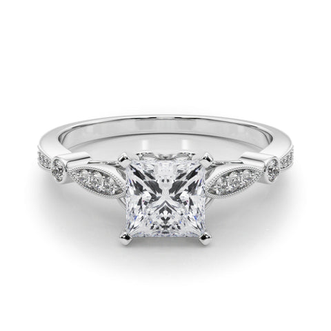 Platinum Princess Cut Diamond with Milgrain Marquise and Bezel Accents on a Solitaire Band with Prong Setting