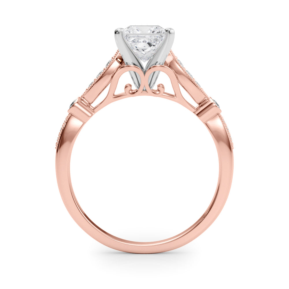 Rose gold Princess Cut Diamond with Milgrain Marquise and Bezel Accents on a Solitaire Band with Prong Setting