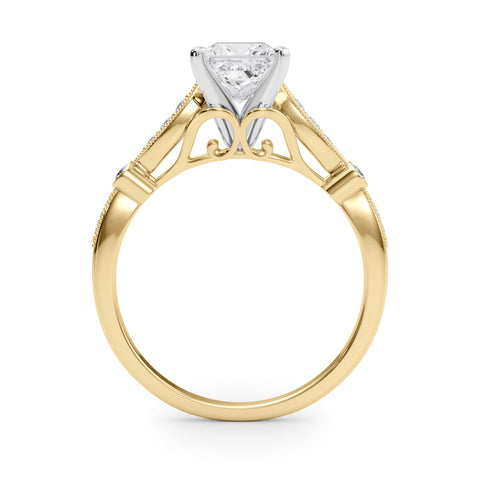 Yellow gold Princess Cut Diamond with Milgrain Marquise and Bezel Accents on a Solitaire Band with Prong Setting