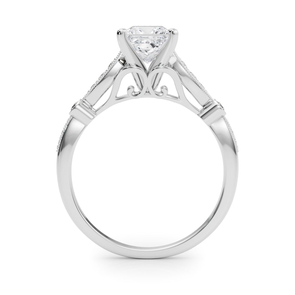 Silver Princess Cut Diamond with Milgrain Marquise and Bezel Accents on a Solitaire Band with Prong Setting