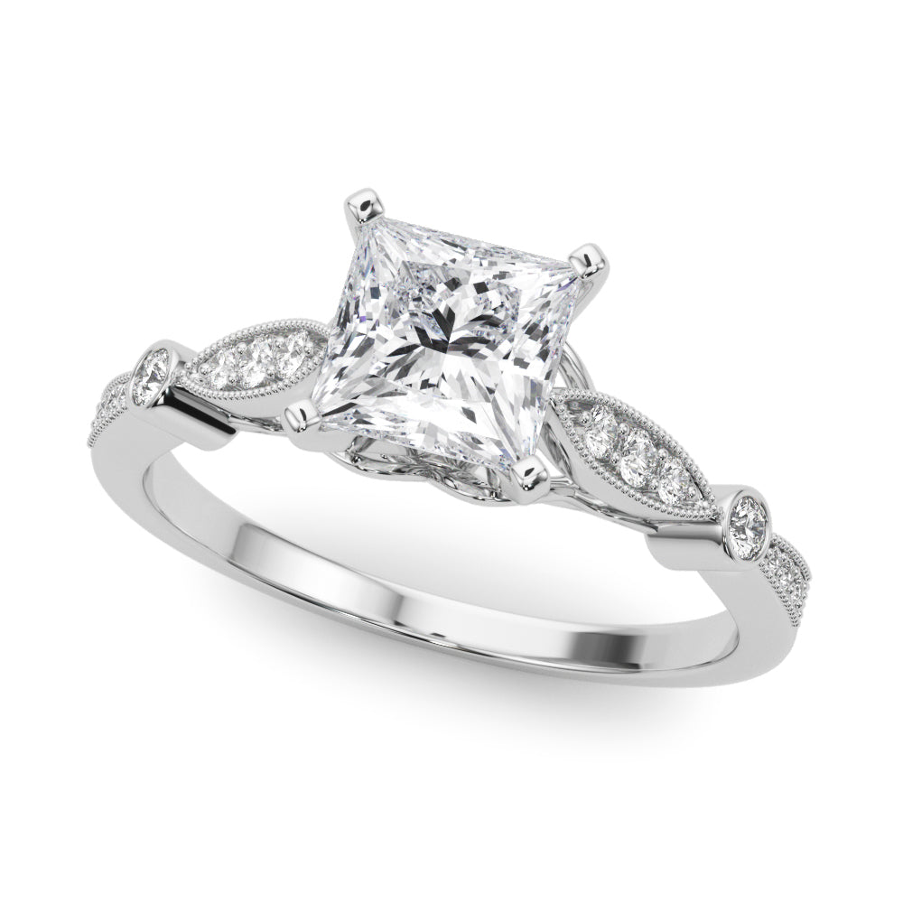 Silver Princess Cut Diamond with Milgrain Marquise and Bezel Accents on a Solitaire Band with Prong Setting
