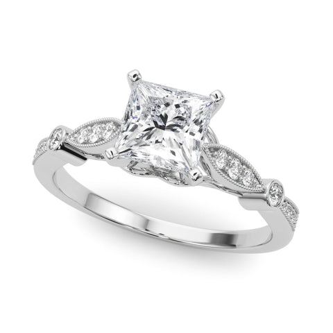 Platinum Princess Cut Diamond with Milgrain Marquise and Bezel Accents on a Solitaire Band with Prong Setting